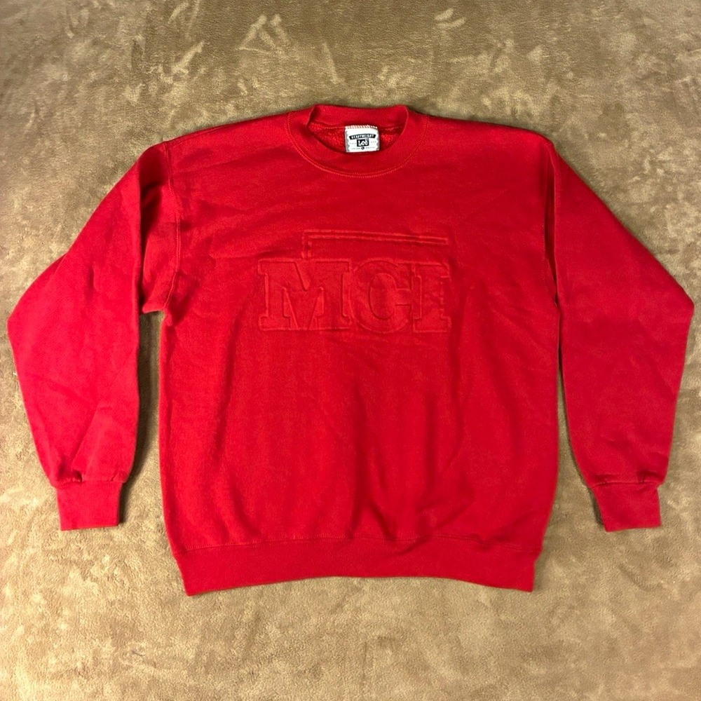 VTG Lee Heavyweight Mens Sweatshirt L Red Crewneck Pullover Embroidered MCI Logo